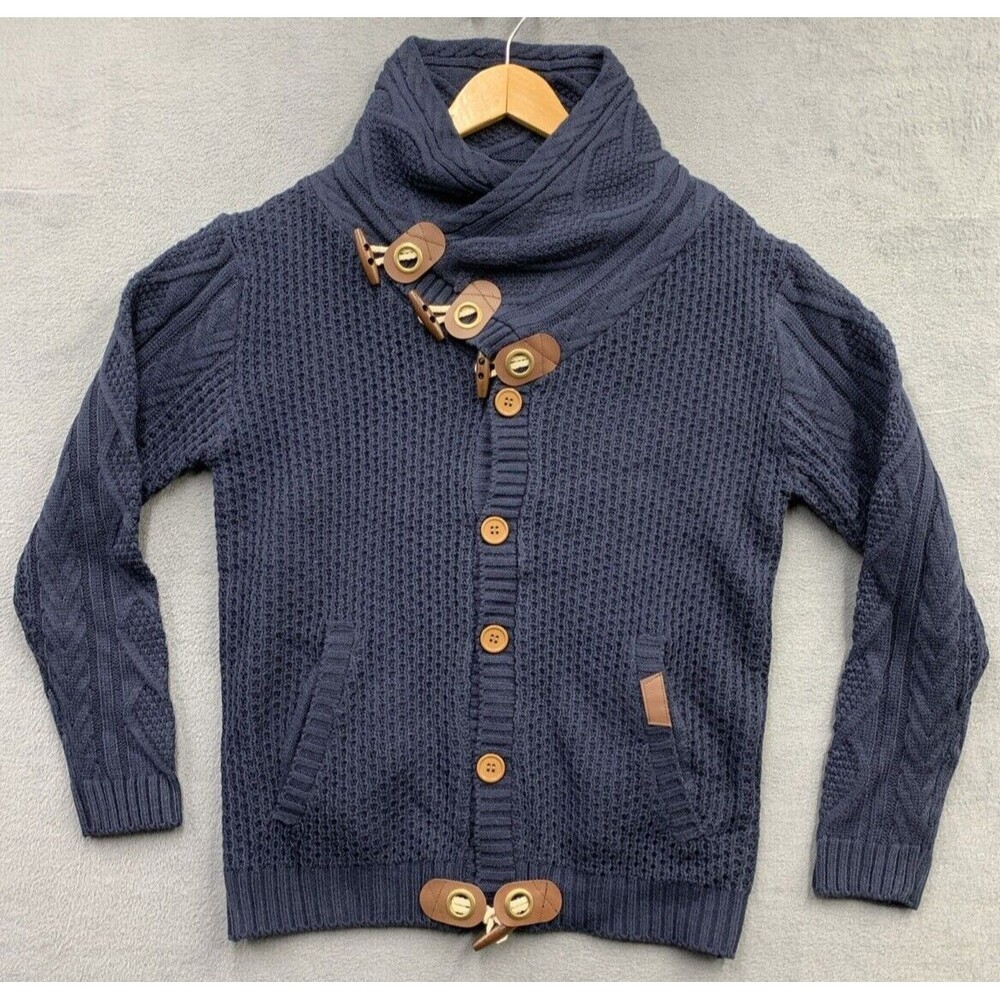 Mock Neck Chunky Knit Sweater Men’s Size L Blue Long Sleeves Pockets Toggles - Picture 1 of 13